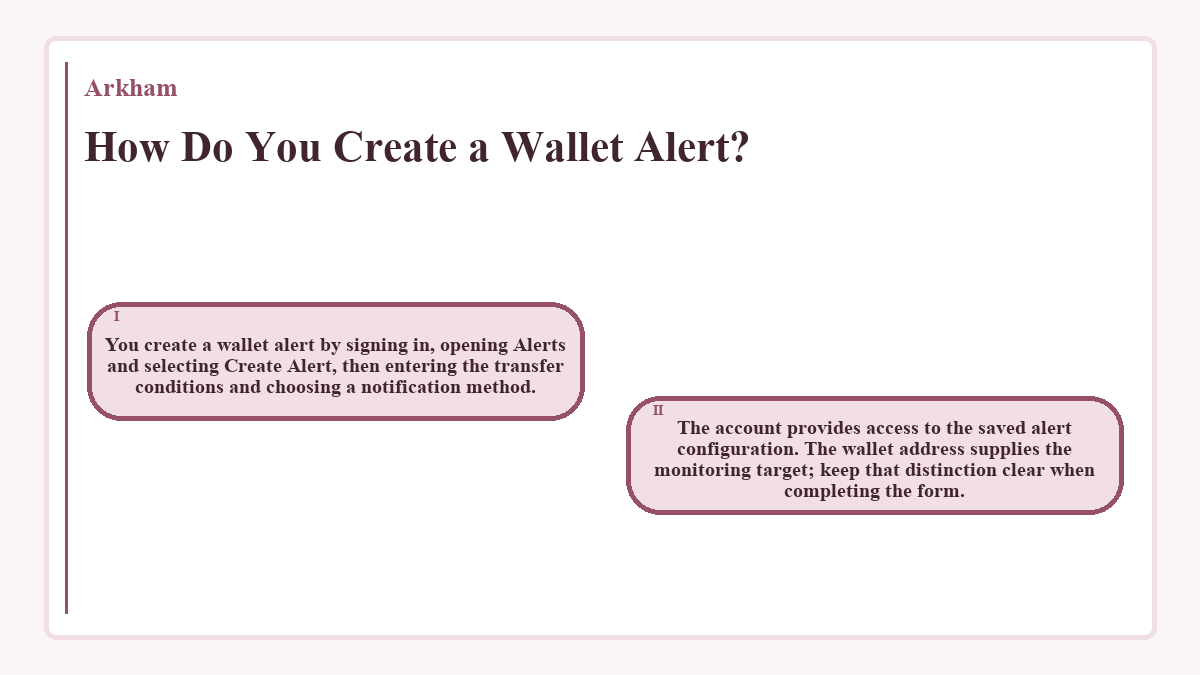 How Do You Create a Wallet Alert?: You create a wallet alert by signing in, opening Alerts and selecting Create Alert, then entering the transfer conditions and choosing a notification method.; The account provides access to the saved alert configuration. The wallet address supplies the monitoring target; keep that distinction clear when completing the form.